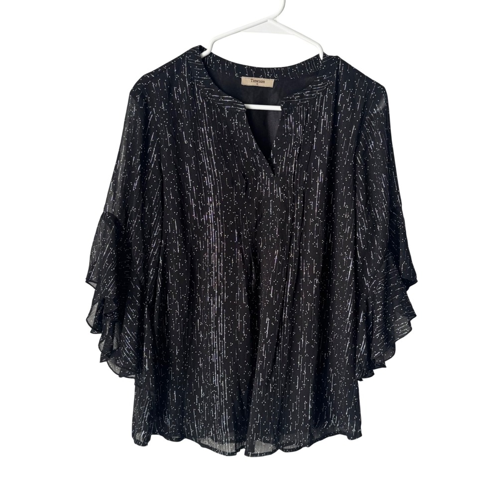 Timeson Womens Black Silver Metallic Pin Dot Ruffle Bell Sleeve Blouse Medium